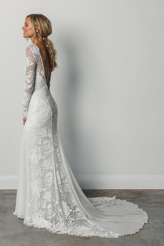 Load image into Gallery viewer, Sheath Illusion Neck Ivory Wedding Dress Rustic Lace Bridal Gown
