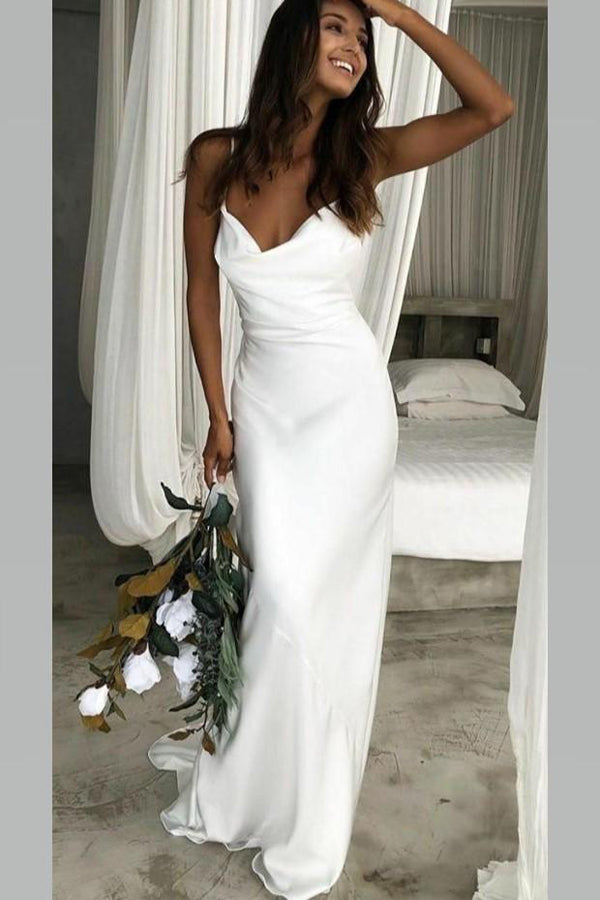 Sheath Cowl Neck Bridal Dress Vintage Ivory Satin Wedding Dress 