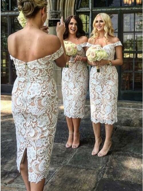 Sheath Ivory Lace Midi Bridesmaid Dress