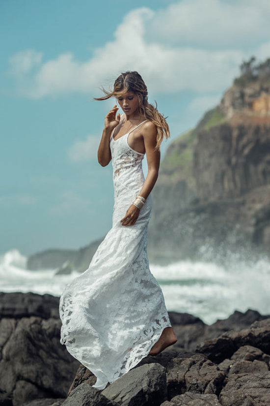 Sheath White Lace Beach Wedding Dress Spaghetti Straps Bridal dress