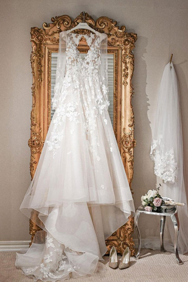 Sheer Sleeve Ivory Tulle Wedding Dress Floral Bridal Gown 
