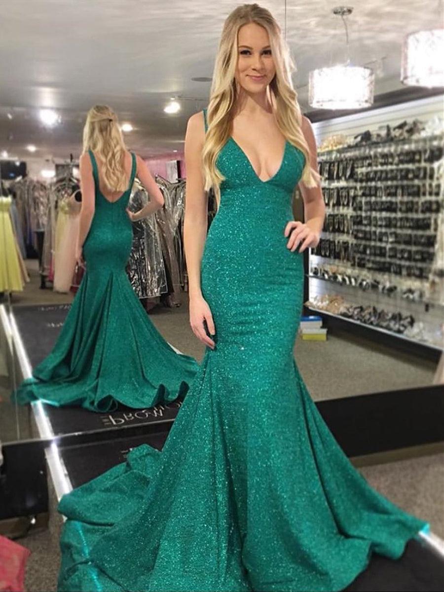Shiny Mermaid V Neck Backless Green Prom Dresses with Train, Green Mermaid Formal Dresses, Evening Dresses
