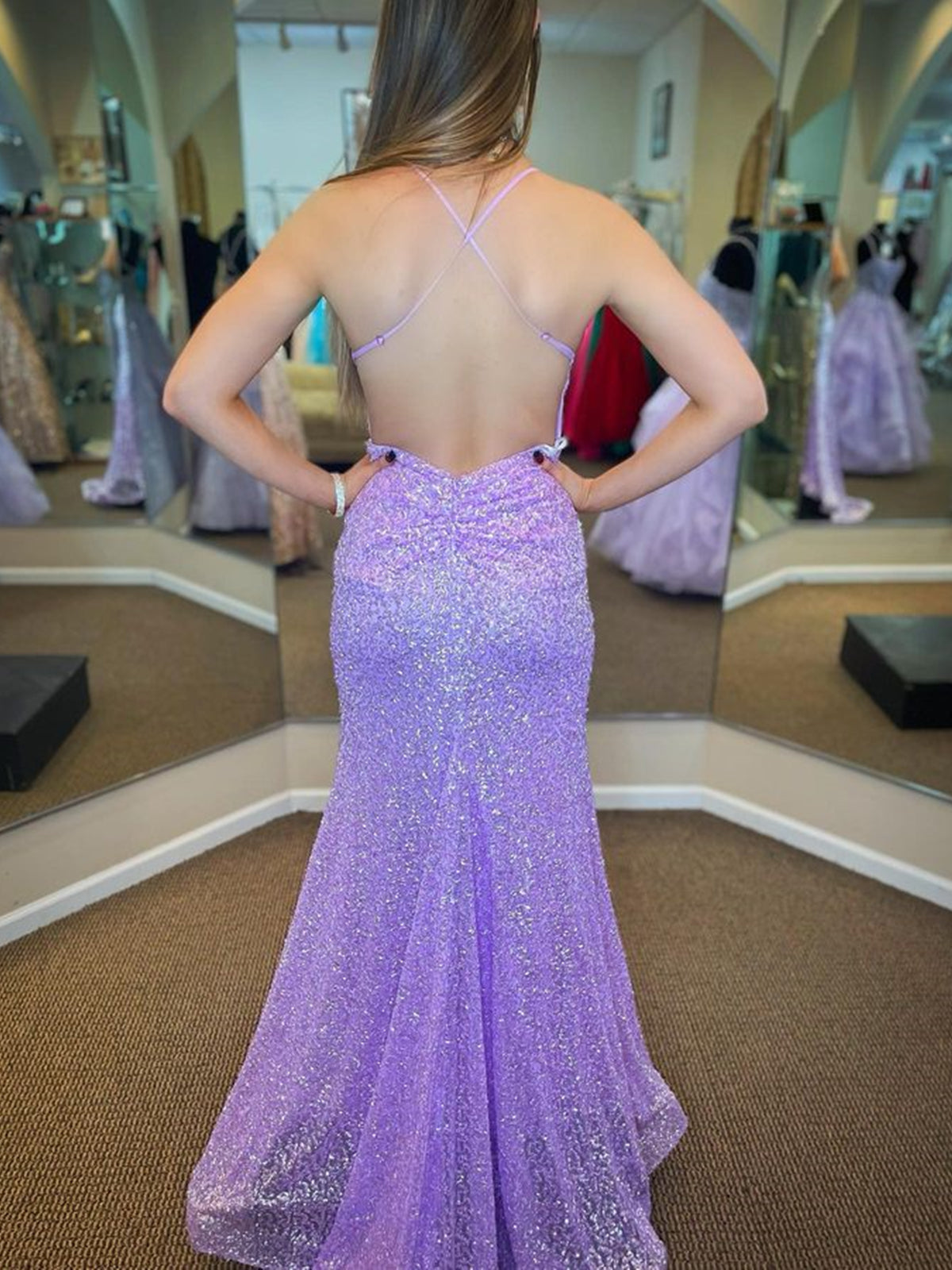 Shiny Sequins V Neck Backless Mermaid Lilac Long Prom Dresses, Backless Purple Formal Dresses, Mermaid Evening Dresses 