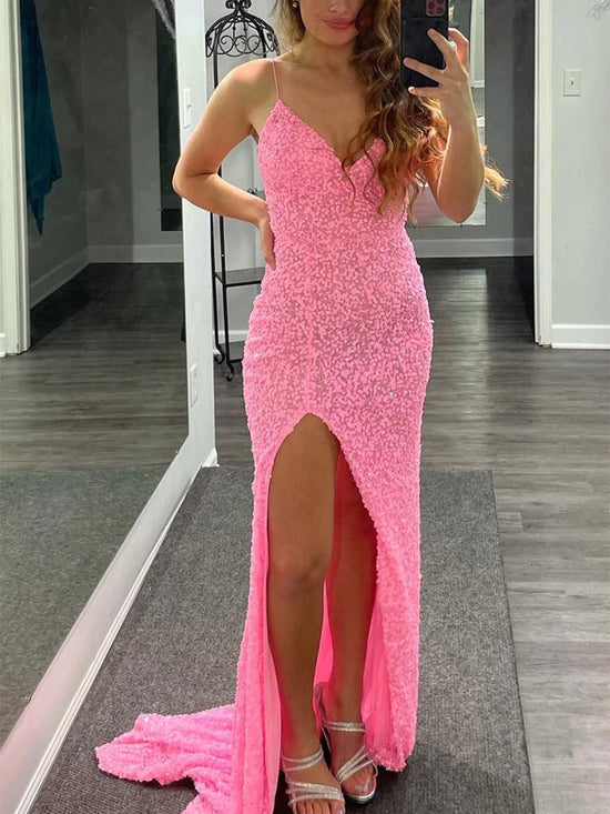 Load image into Gallery viewer, Shiny Sequins V Neck Mermaid Pink Long Prom Dresses with High Slit, Mermaid Pink Formal Graduation Evening Dresses 
