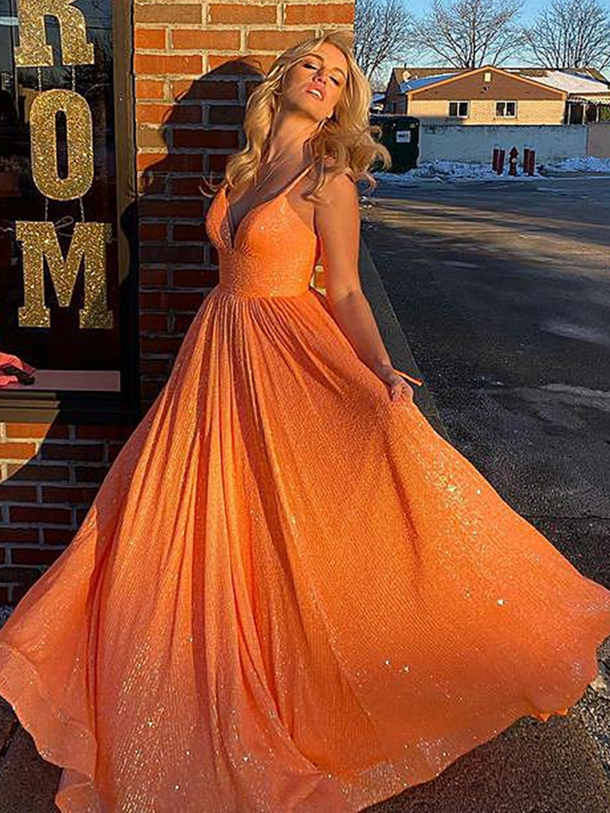 Shiny V Neck Backless Orange Long Prom Dresses, V Neck Orange Formal Dresses, y Orange Evening Dresses 
