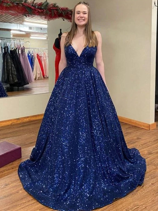 Shiny V Neck Navy Blue Long Prom Dresses, y Navy Blue Formal Evening Dresses, Ball Gown 