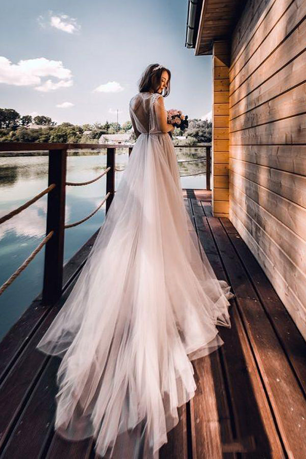 Long Silver Tulle Rustic Wedding Dress Boho Wedding dresses