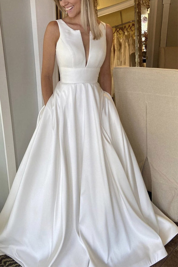 Simple A Line Ivory Long Prom Dresses With Pockets