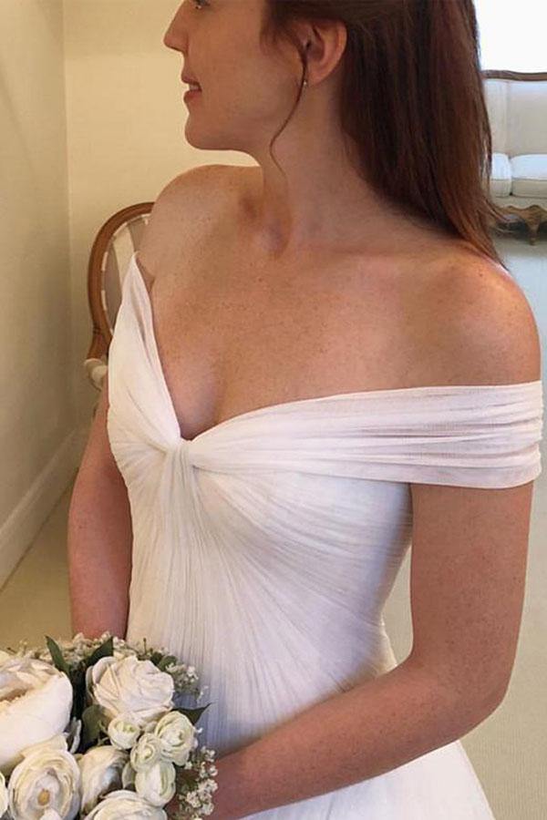 Simple A Line Off The Shoulder Tulle Wedding Dress