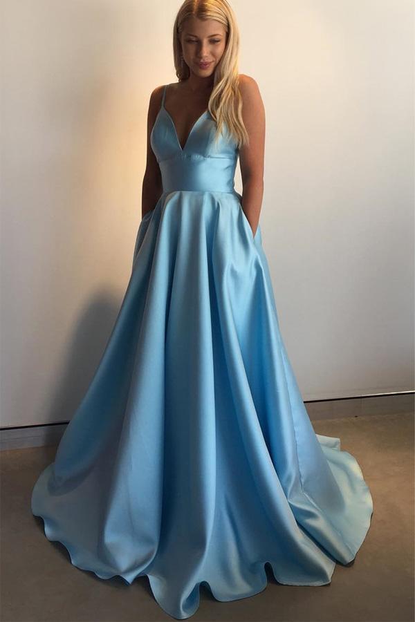 Simple A-line Satin Long Prom Dress With Pocket