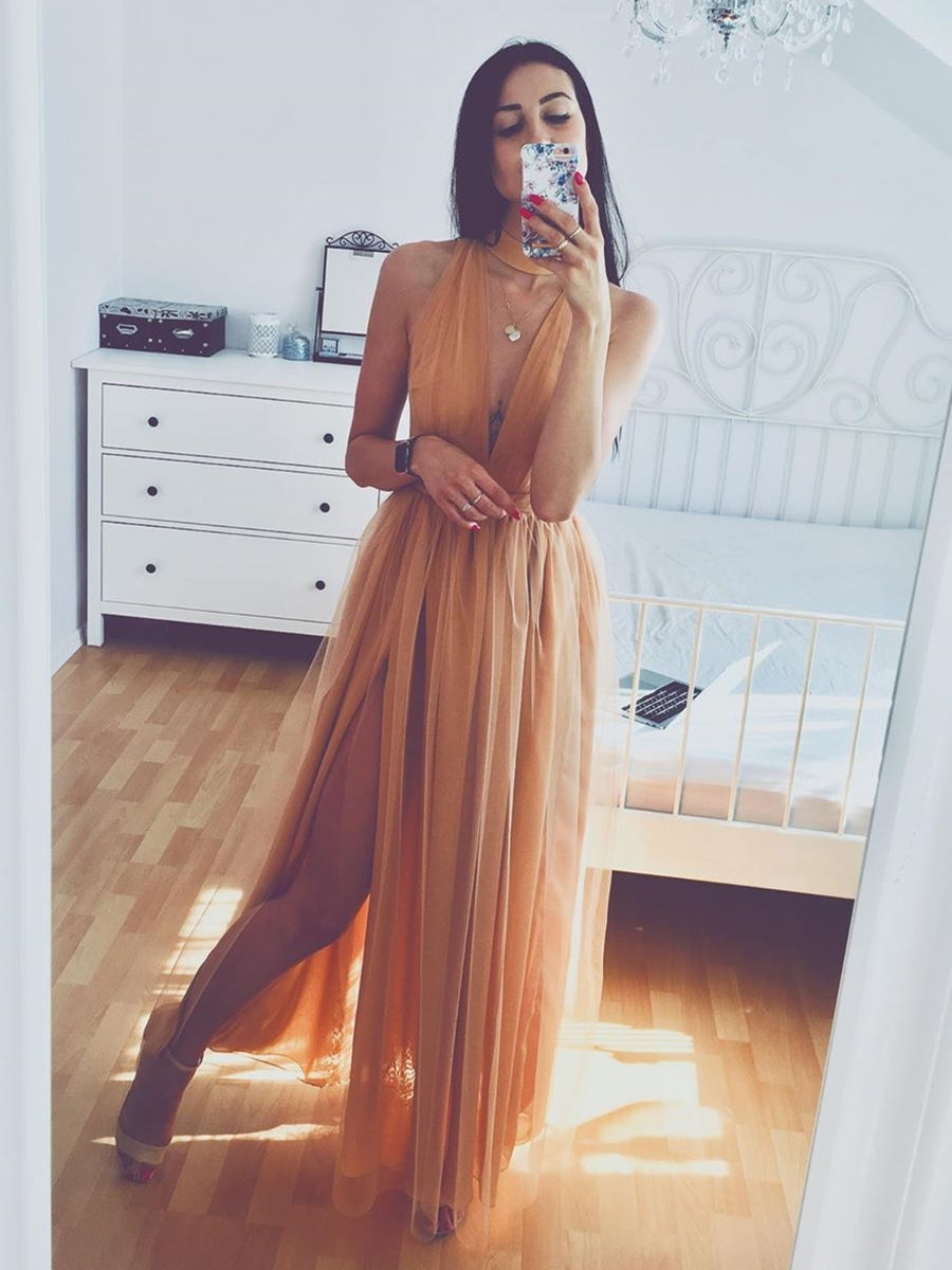 Simple A Line V Neck Champagne Tulle Long Prom Dresses with  V Neck Champagne Formal Graduation Evening Dresses, Champagne Bridesmaid Dresses