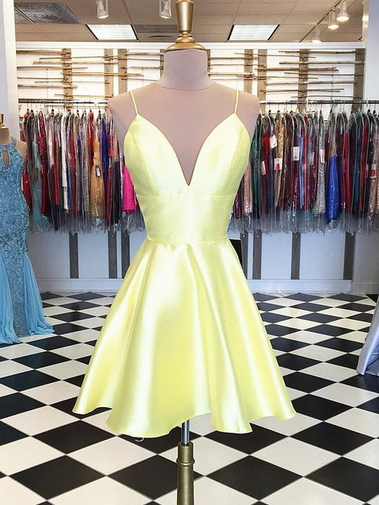 Load image into Gallery viewer, Simple A Line V Neck Yellow Homecoming Dresses Short Prom Dresses, Yellow Graduation Dresses, Formal Dresses, Evening Dresses

