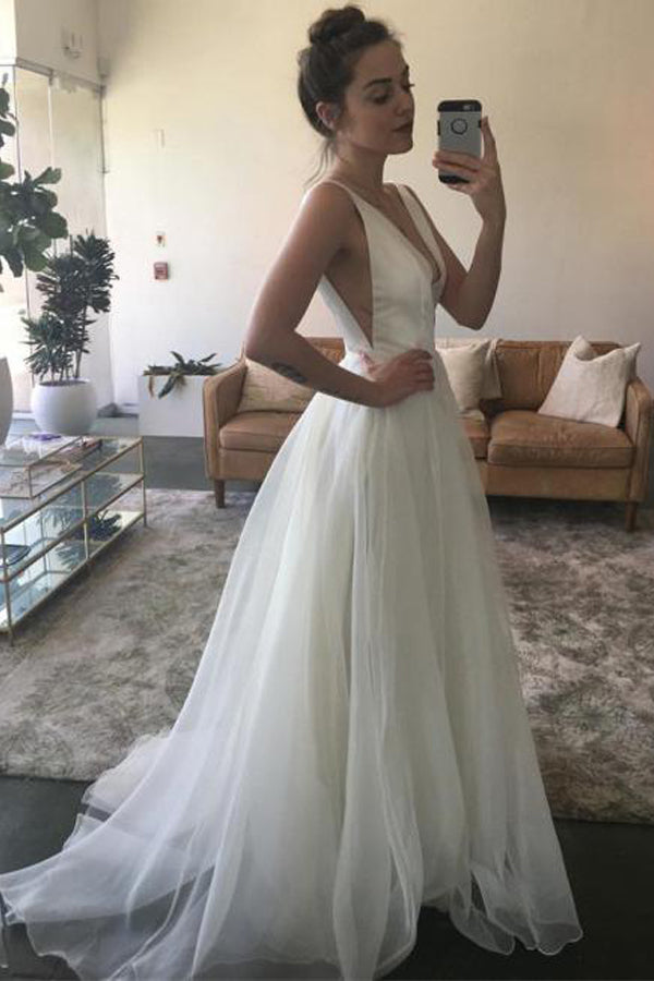Simple A Line White Chifffon Beach Wedding Dress