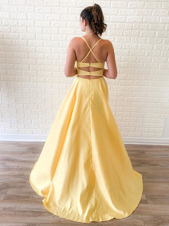 Simple A Line Yellow Long Prom Dresses with High  Cheap Yellow Formal Graduation Evening Dresses, Yellow Bridesmaid Dresses