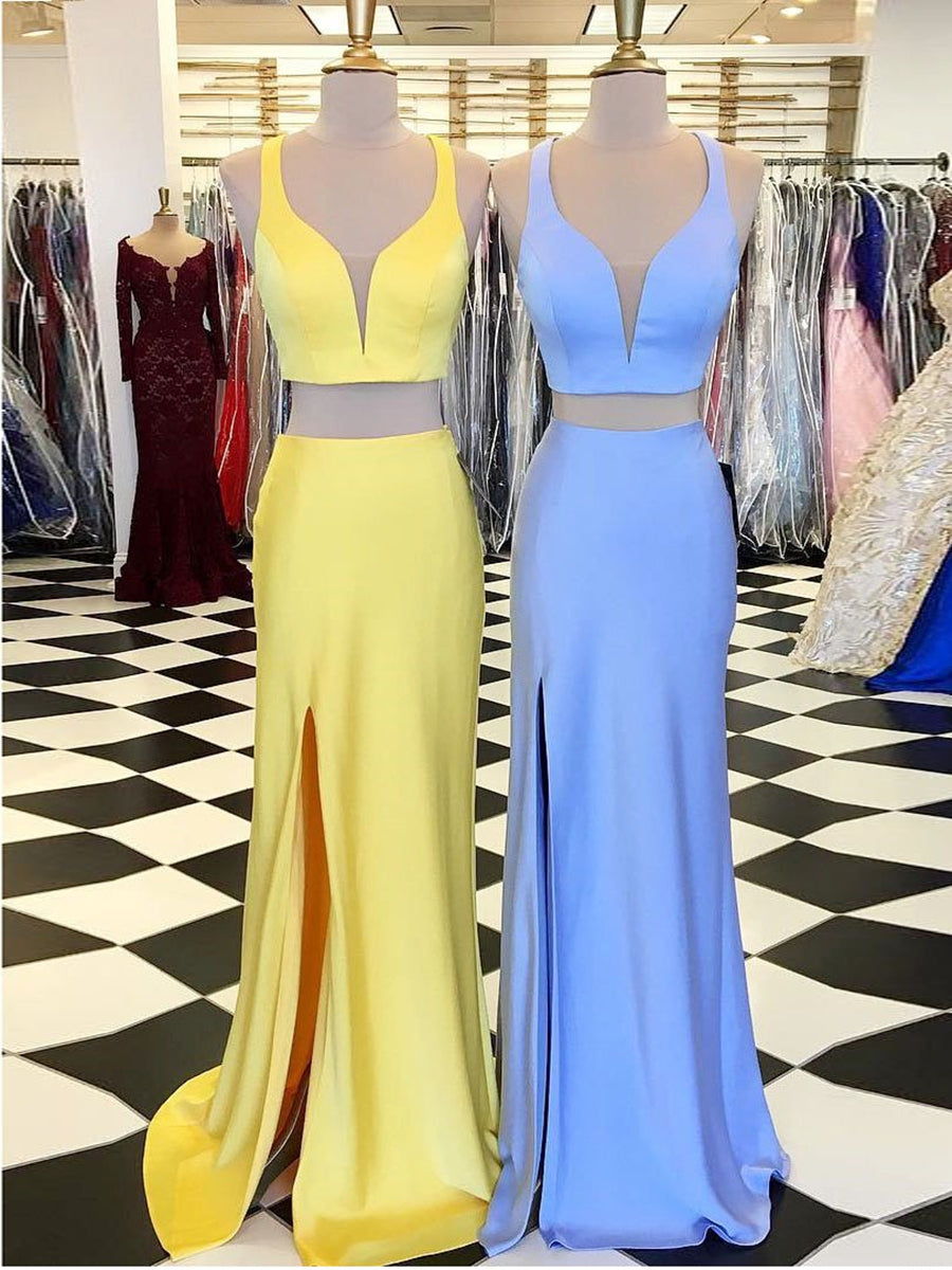 Simple Blue/Yellow Mermaid Two Pieces Satin Long Prom Dresses with Leg Slit, Two Pieces Blue/Yellow Formal Dresses, Evening Dresses