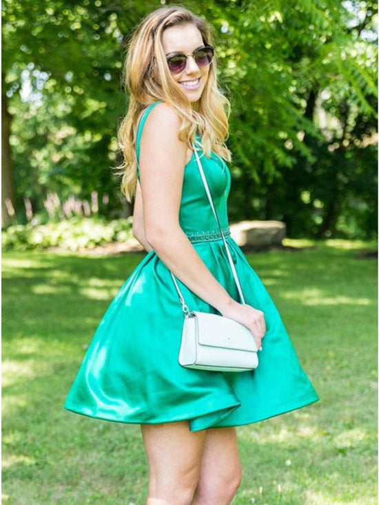 Simple Green Round Neck Satin Short Prom Dresses, Cute Green Homecoming Dresses, Green Formal Dresses, Evening Dresses