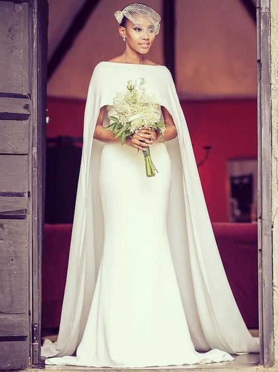Simple Long Cape Mermaid Wedding Dresses | Elegant Bateau Bridal Gowns