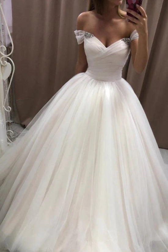 Simple Off The Shoulder White Tulle Wedding Dress A-line Bridal Gown