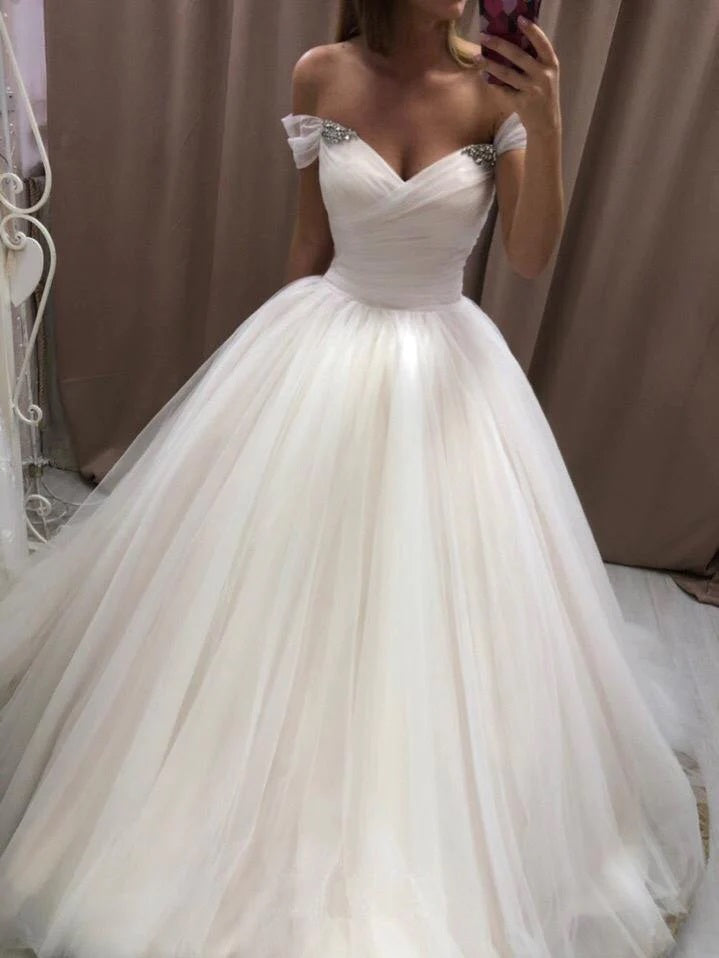 Simple Off The Shoulder White Tulle Wedding Dress A-line Bridal Gown