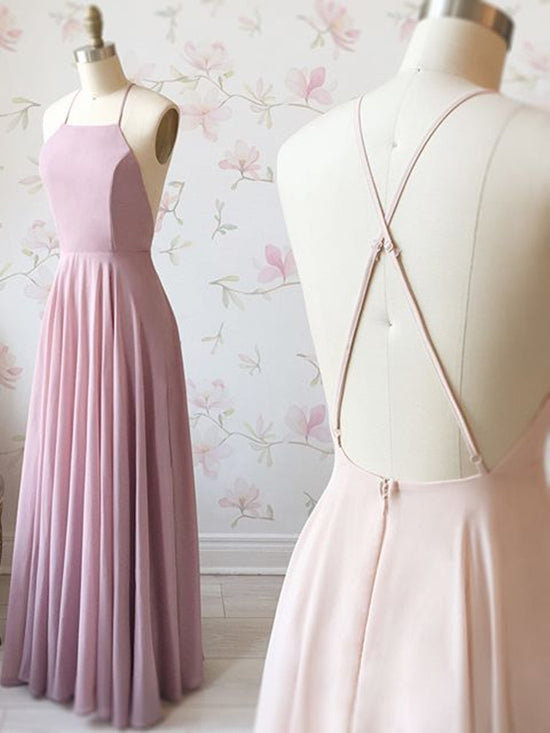 Load image into Gallery viewer, Simple Pink A Line Backless Long Prom Dresses, Pink Backless Formal Dresses, Pink Evening Dresses
