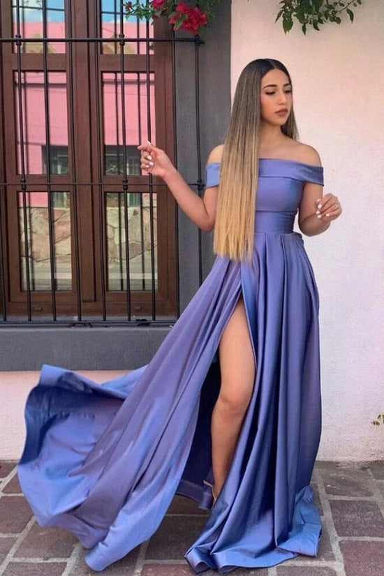 Simple Purple Satin Prom Dress Off The Shoulder Party Dress