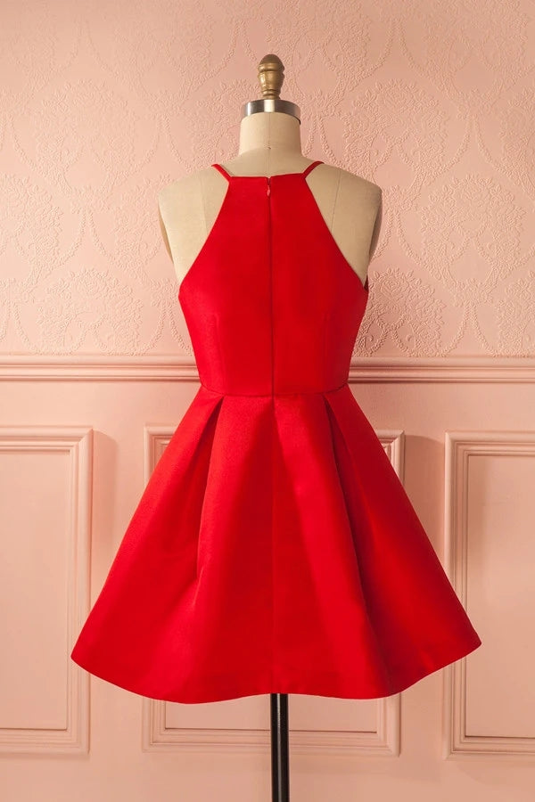 Simple Red Satin Short Prom Dress Halter Homecoming Dress 