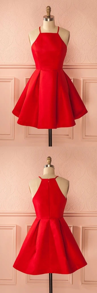 Simple Red Satin Short Prom Dress Halter Homecoming Dress 