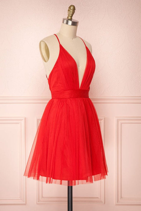 Simple Red V Neck Backless Tulle Homecoming Dresses Short Prom Dresses, Cute Red Formal Dresses, Evening Dresses, Graduation Dresses
