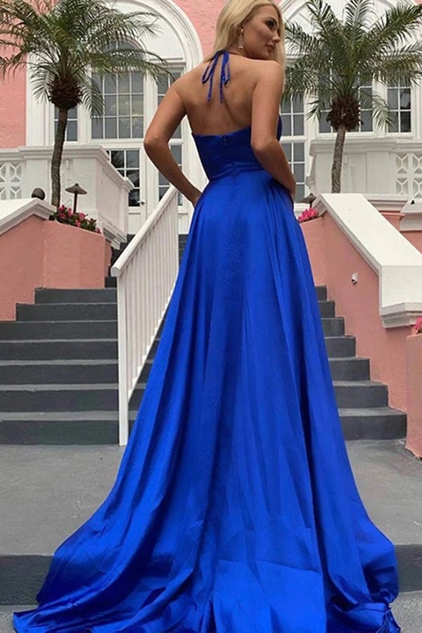 Simple Royal Blue A Line Split Prom Dress