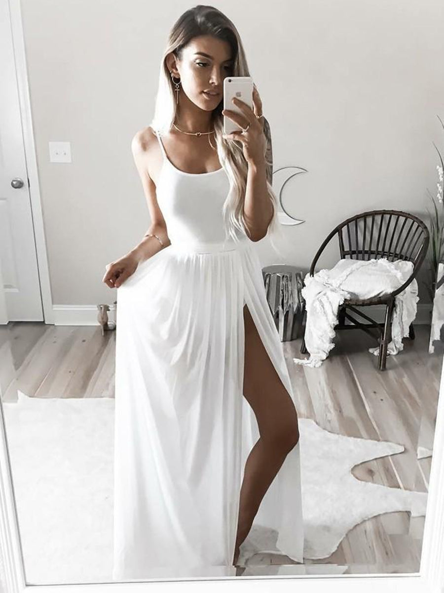 Simple tti Strap Square Neck White Prom Dresses with Side  White Evening Dresses, White Formal Dresses