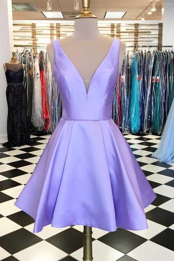 Simple V Neck Lavender Satin Homecoming Dress WD182 winkbridal