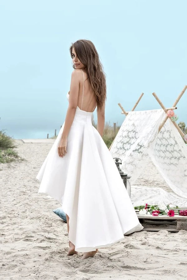 Simple White Satin High Low Beach Wedding Dresses