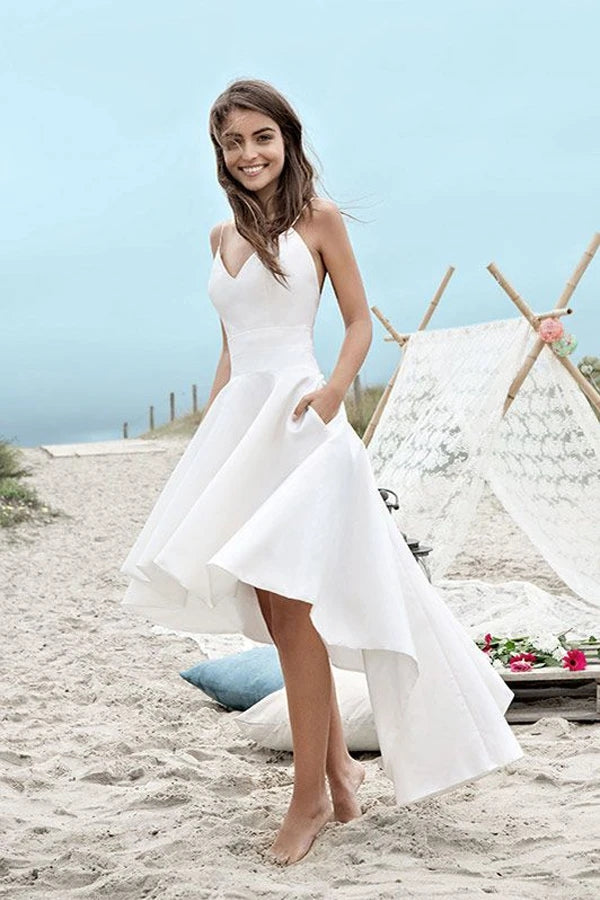 Simple White Satin High Low Beach Wedding Dresses