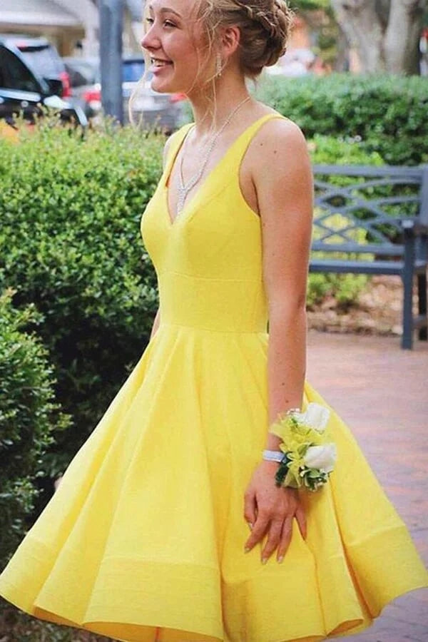 Simple Yellow Satin Short Homecoming Dress With Ruffles WD262 winkbridal