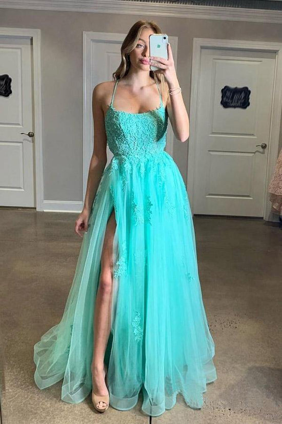 A-line Cross Back Long Tulle Prom Dress With Lace Applique