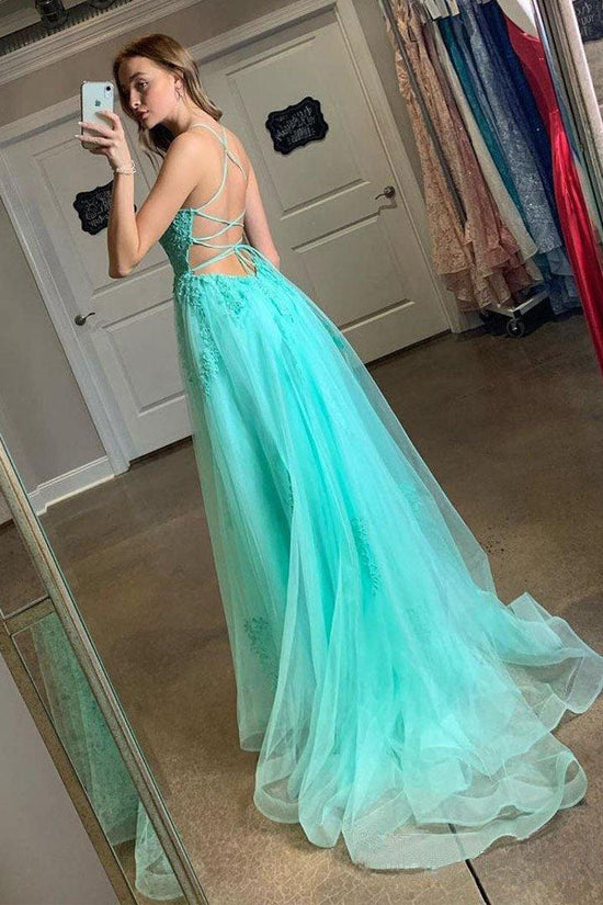 A-line Cross Back Long Tulle Prom Dress With Lace Applique
