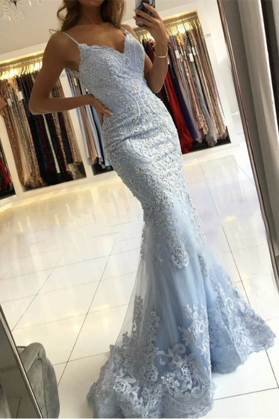 Sky Blue Enchanting Mermaid Evening Gown with Spaghetti Straps