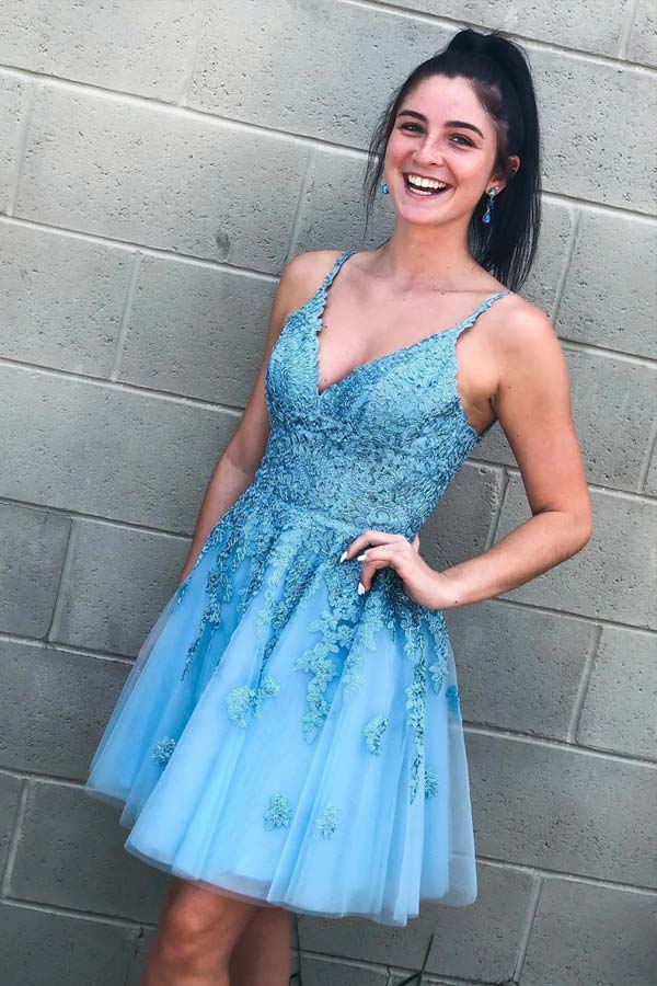 Sky Blue Lace-Up Short Homecoming Dress With Lace Appliques WD129