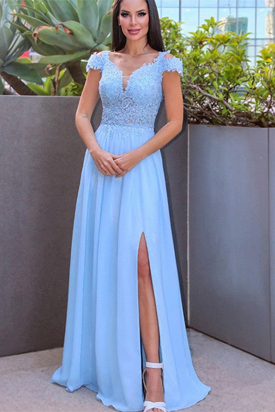 Sky Blue Long Prom Dress with Cap Sleeves and Slit