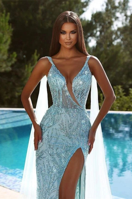Sky Blue Spaghetti-Strap Beadings Mermaid V-Neck Prom Dress with Sequins and Split
