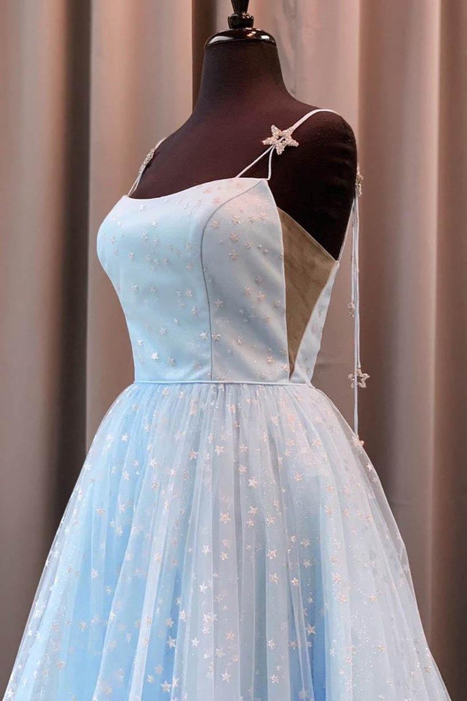 Sky Blue Star Tulle Long Prom Dress Evening Dress