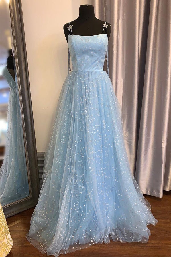 Sky Blue Star Tulle Long Prom Dress Evening Dress