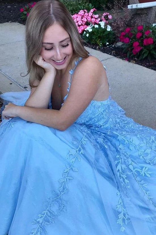 Sky Blue Tulle Long Prom Dress With Appliques