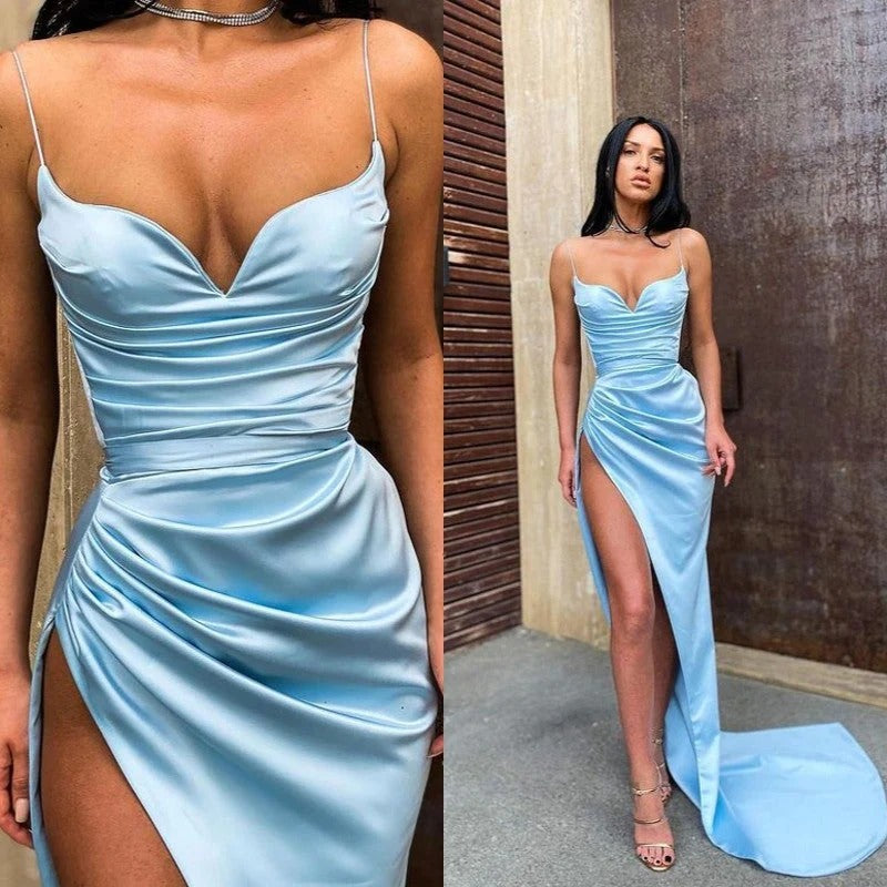 Skyblue Front-Slit Spaghetti Straps Long Prom Formal Dress