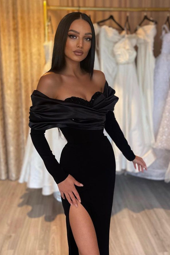 Sleek Black Mermaid Prom Gown with Elegant Half-Sleeves and Stylish Slit