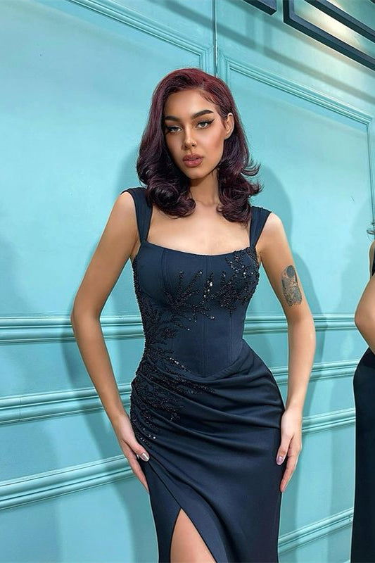 Sleek Black Mermaid Prom Gown with Strappy Back and Thigh-High Split