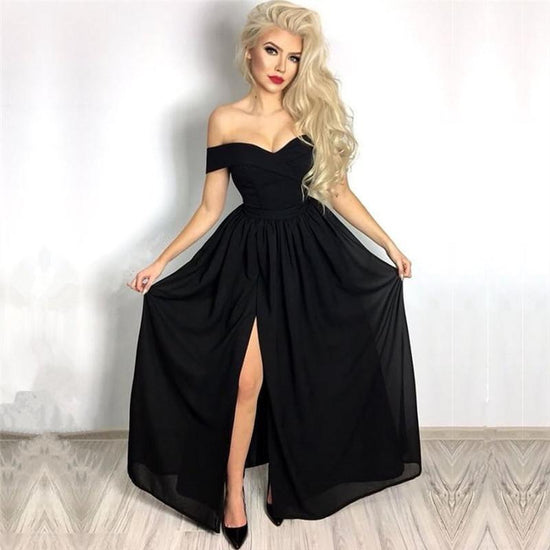 Sleek Midnight Off-the-Shoulder Prom Gown
