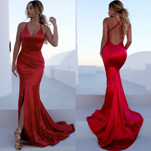 Sleek Sapphire V-Neck Mermaid Prom Dress with Daring Slit