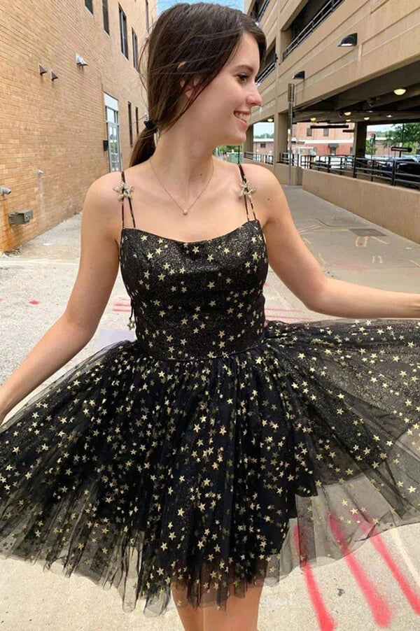 Spaghetti Straps Black Tulle A-line Short Homecoming Dress With Stars