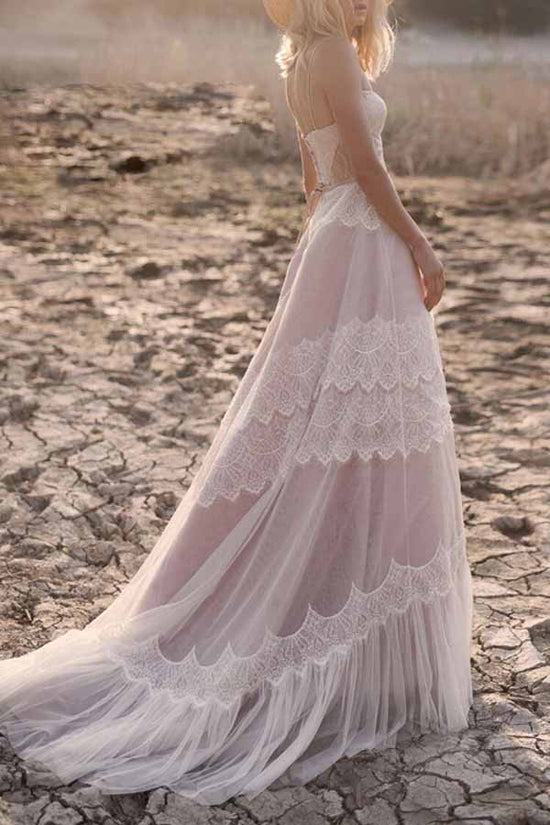 Spaghetti Straps Boho Tulle Lace Wedding Dress Boho Bridal Gown
